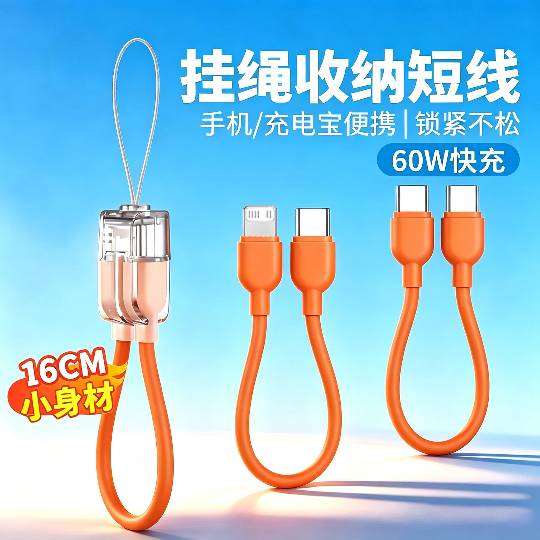 挂绳短款双头typec便携充电线宝pd60w编织短线移动电源Typec转Lightning数据线适用华为苹果14/15/16/17手机