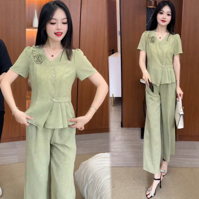 时髦新中式套装女2025新款夏季洋气减龄显瘦短袖阔腿裤气质两件套
