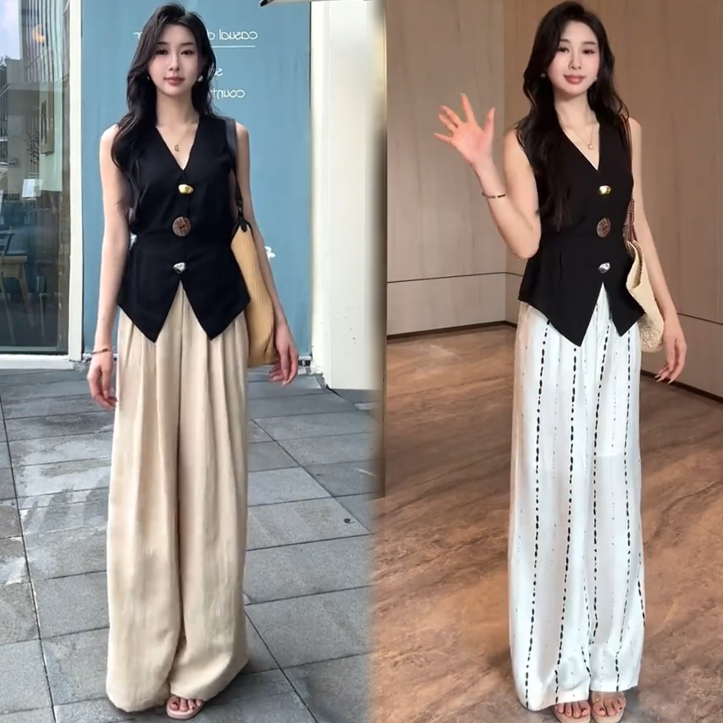 夏季时尚套装女2025新款小个子洋气宽松显瘦V领无袖阔腿裤两件套
