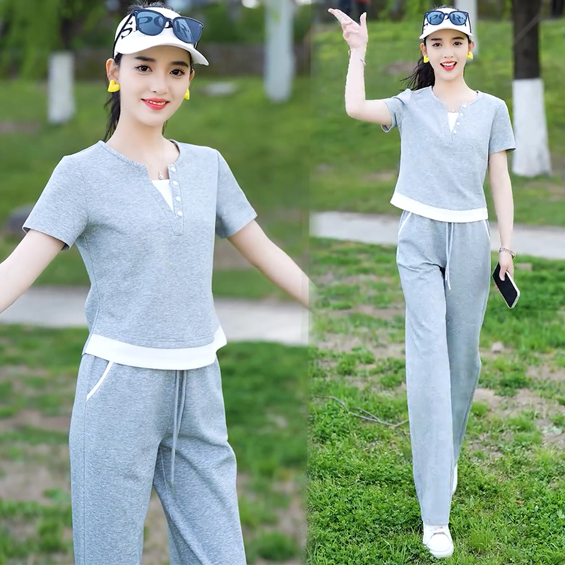 假两件拼接休闲运动套装女夏季新款时尚显瘦短袖阔腿裤洋气两件套