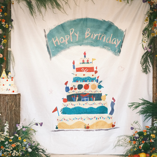 周岁布置生日快乐场景布置儿童派对氛围挂布背景布挂毯墙布装 饰布