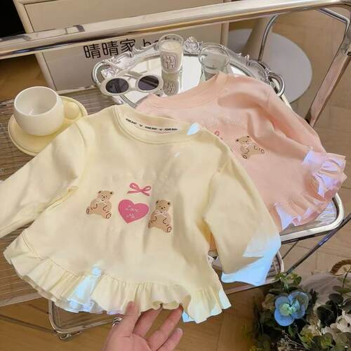 韩版女童甜美卡通小熊巨百花边T恤女宝宝洋气打底衫2025春款上衣