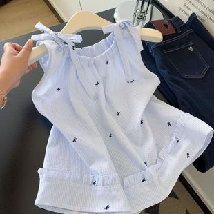 女童夏季蓝色条纹花边蝴蝶结吊带中大童小女孩夏日外穿无袖上衣潮