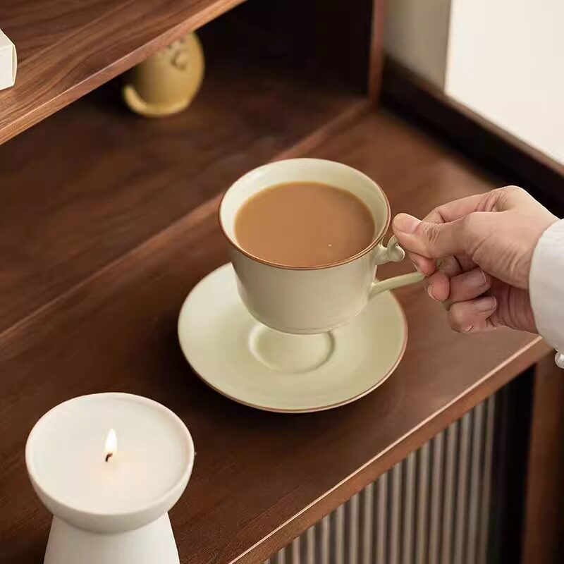 豆黄汝窑咖啡杯天青汝窑花茶杯陶瓷马克杯下午茶杯碟套装礼盒