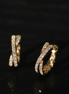 独奏曲~交叉双排钻版S925银镀18K金实心小耳扣精致通勤款麻花耳环