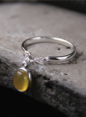 S925纯银镶嵌自然黄玉髓玛瑙戒指女简约时尚个性情侣开口水滴指环