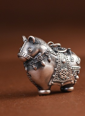 苏念 足银复古做旧本命年生肖胖福生肖马年吊坠999纯银饰挂件配件