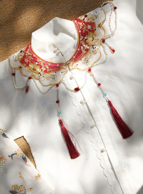 黎落阁明制汉服云肩全套中式流苏红色中国风马面裙披肩珍珠配饰女