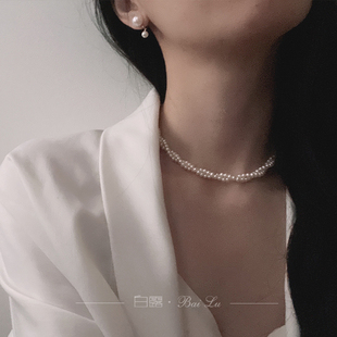 天然珍珠锁骨链近圆双层拧麻花项链2种戴法S925纯银扣项链迷你珠