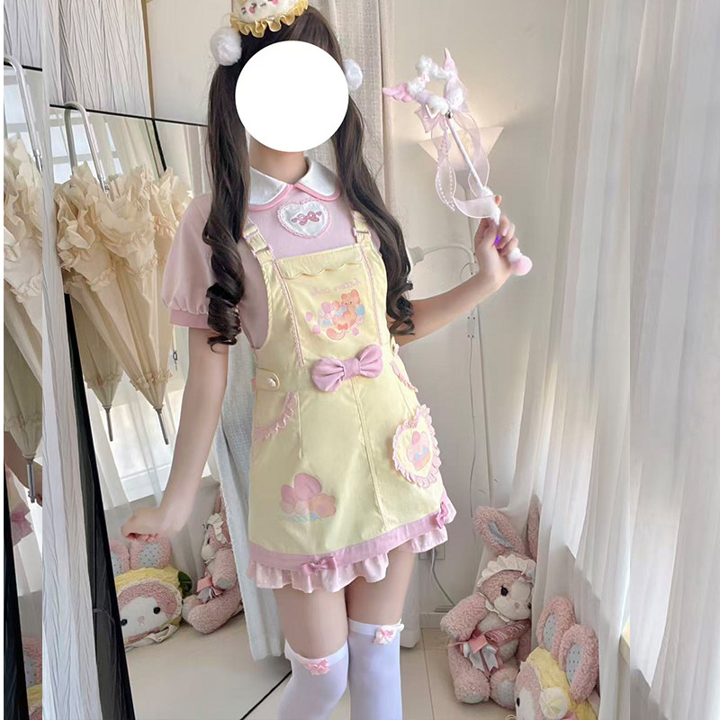 原创 奶糖猫烘焙日记可爱卡通印花女儿服甜美软妹服修身背带裙