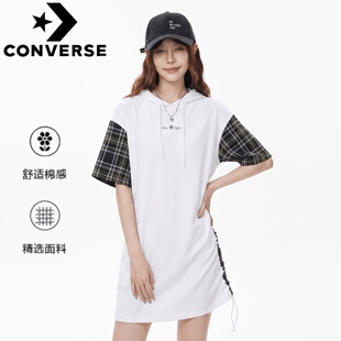 Converse匡威女款 夏季百搭时尚宽松连帽格纹拼接休闲短袖连衣裙