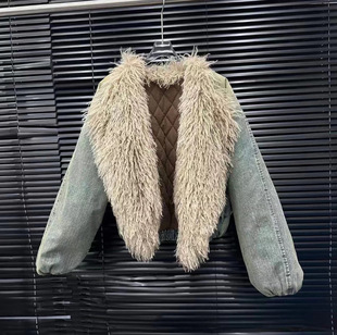 EAM 大翻领牛仔洗水做旧渐变色毛领棉衣外套女 STUDIO2025秋冬新款