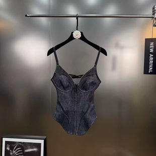 性感鱼骨收腰露背牛仔吊带抹胸背心上衣女 新款 EAM STUDIO2025夏季