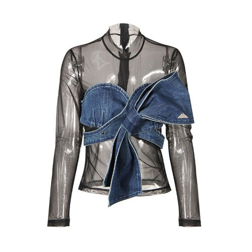 牛仔蝴蝶结拼接透视蕾丝衫上衣