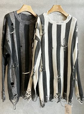 竖条纹破洞毛衣别针装饰毛边流苏