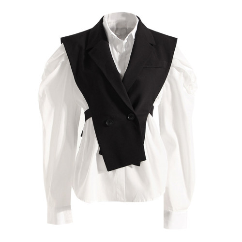 韩版宽松泡泡袖白色衬衫绑带马甲