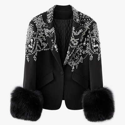 气质名媛镶钻绒毛袖夹棉西装外套