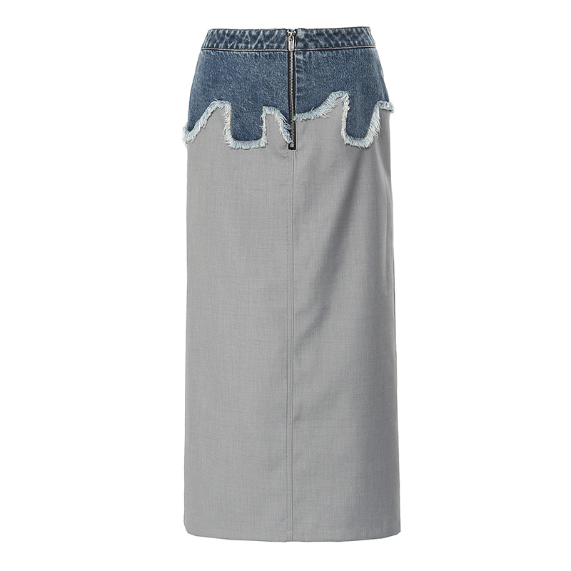 复古毛边牛仔拼接H直筒半身裙