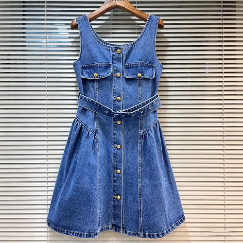 复古牛仔连衣裙收腰单排扣背带裙