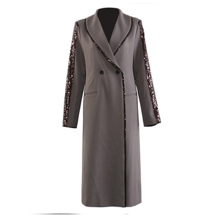 EAM STUDIO25秋季新款重工珠片拼接风衣外套女中长款过膝气质大衣