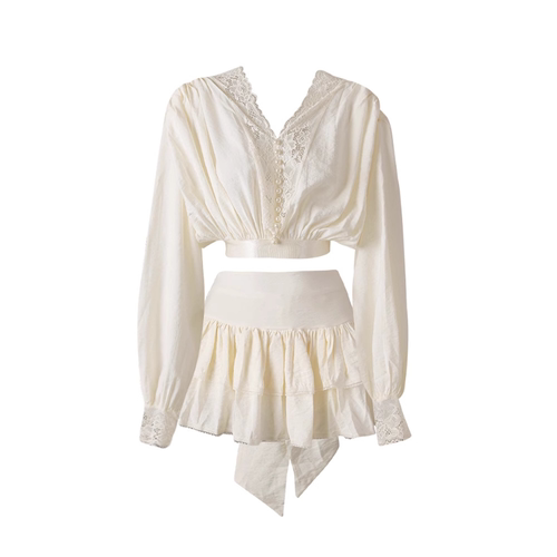 蕾丝珍珠V领短上衣高腰绑带短裙