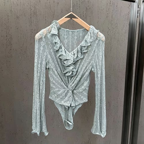 性感透视V领蕾丝荷叶边连体衣