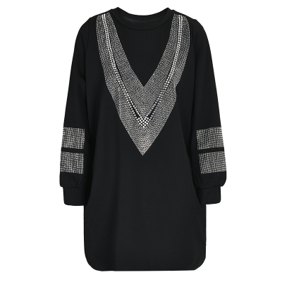 独特洋气烫钻装饰宽松圆领连衣裙