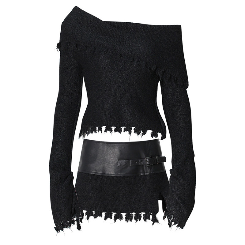 EAM STUDIO流苏破烂下摆边一字肩长袖毛衣拼皮短裙2025新款套装女,女装/女士精品,时尚套装,淘宝优惠券,粉丝福利购,淘宝优惠卷