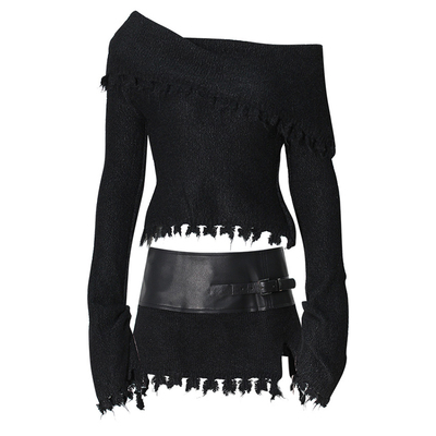 2025流苏破烂一字肩毛衣拼皮短裙