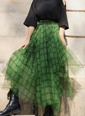 EAM STUDIO绿色复古格纹高腰网纱半身裙女设计感不规则下摆中长裙