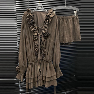 连衣裙短裤 EAM 木耳边抽绳衬衫 麂皮绒 两件套 STUDIO2025秋冬新款