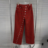 EAM 抽绳慵懒松弛感撞色阔腿裤 STUDIO2025秋冬新款 红色格子休闲裤