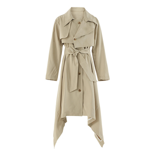 EAM STUDIO英伦风卡其色不规则裙摆风衣外套设计感系带收腰大衣女