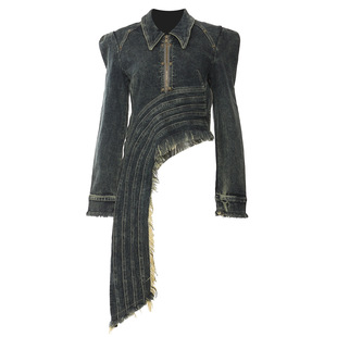 EAM 上衣女潮 STUDIO复古重工不对称裁剪流苏设计感牛仔外套中长款