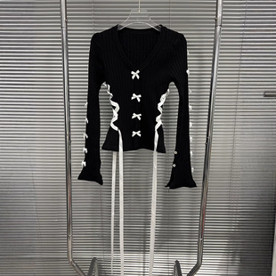 EAM STUDIO2026春季新款小众设计感V领针织衫系带收腰显瘦上衣女