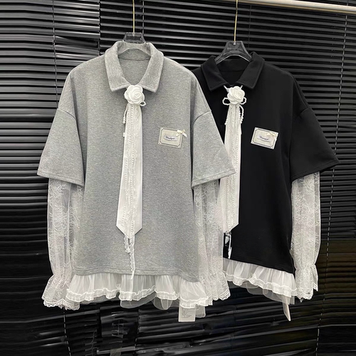 假两件蕾丝拼接T恤女配领带