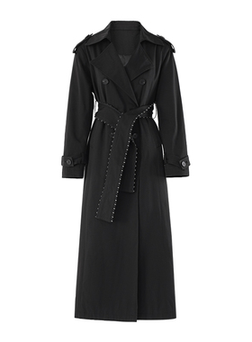 EAM STUDIO黑色系带纯色长款风衣外套女2024秋季新款高级百搭大衣