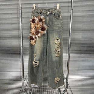 高腰直筒裤 EAM 女长裤 饰做旧破洞牛仔裤 STUDIO时髦小众立体花朵装