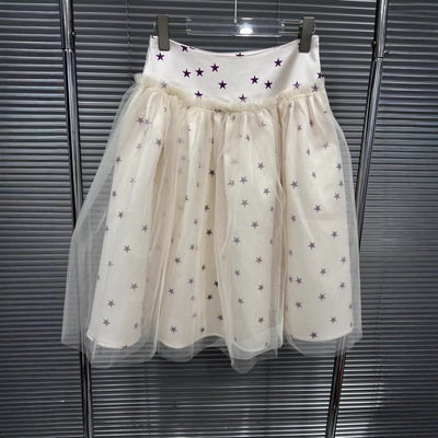 印花小星星高腰网纱拼接半身裙