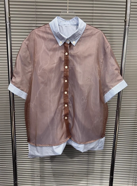 EAM STUDIO2026年春季新款小众设计感撞色雾纱拼接假两件衬衫上衣