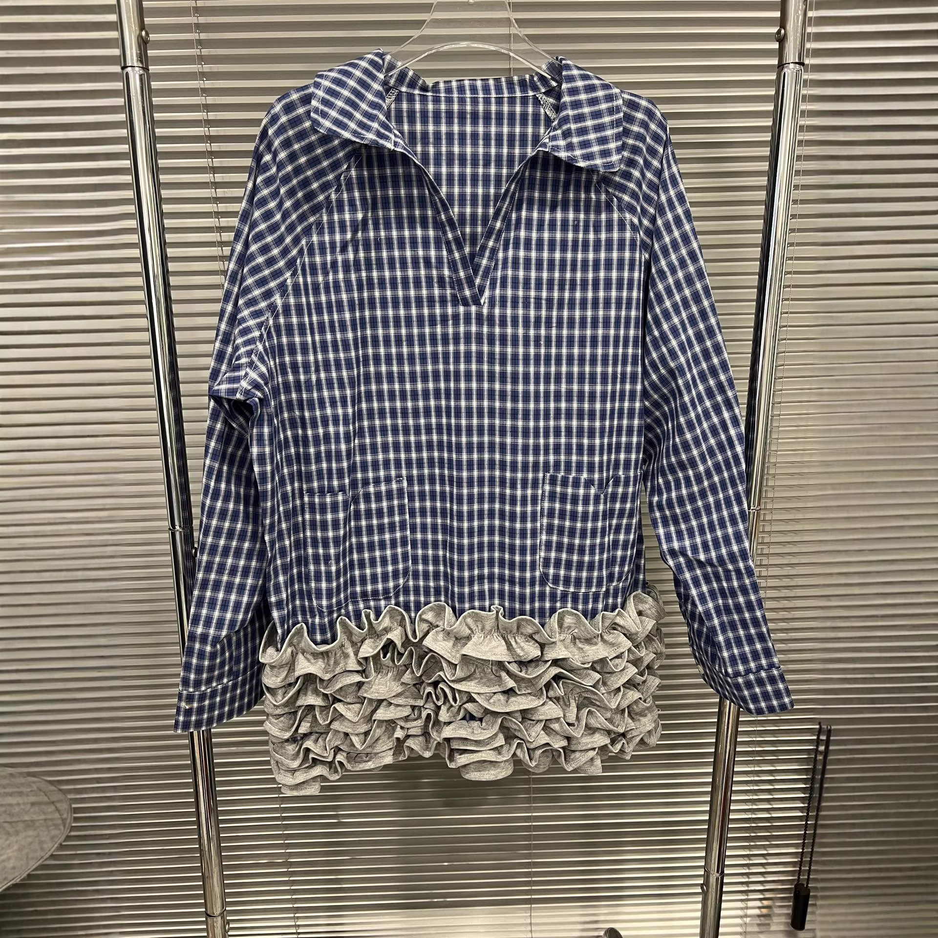 EAM STUDIO2026年春季新款复古格子长袖拼色木耳边宽松百搭衬衣裙,女装/女士精品,短外套,淘宝优惠券,粉丝福利购,淘宝优惠卷