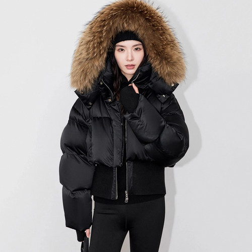 毛领针织拼接收腰连帽棉服短外套