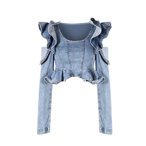 高级荷叶边露肩长袖短款牛仔上衣