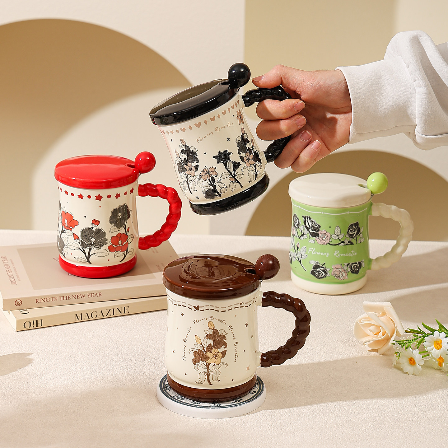 复古花棠马克杯带盖带勺陶瓷喝水杯家用高级好看的杯子女生高颜值,餐饮具,马克杯,淘宝优惠券,粉丝福利购,淘宝优惠卷