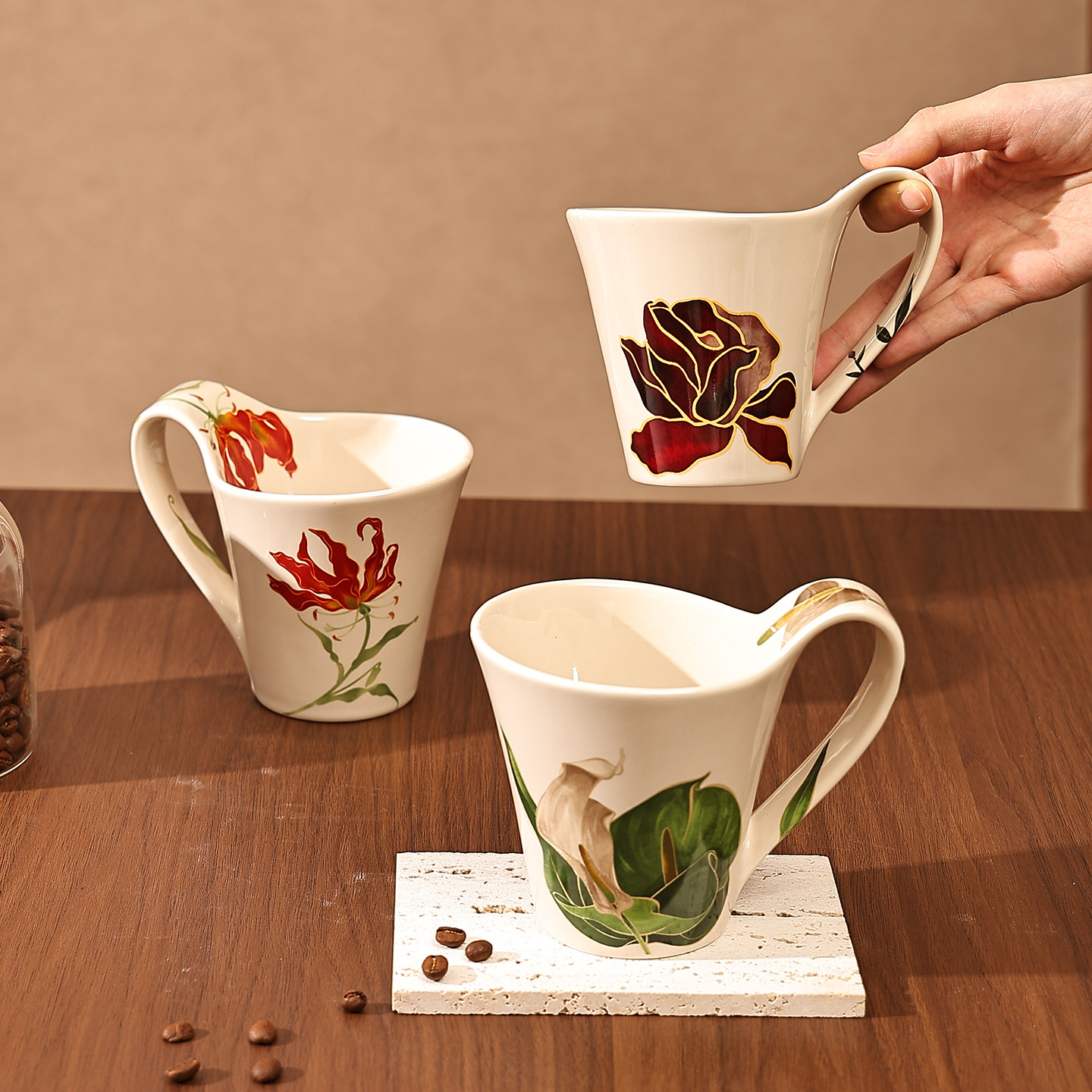 巴黎花坊马克杯陶瓷杯子家用喝水杯办公室特别好看的咖啡杯早餐杯