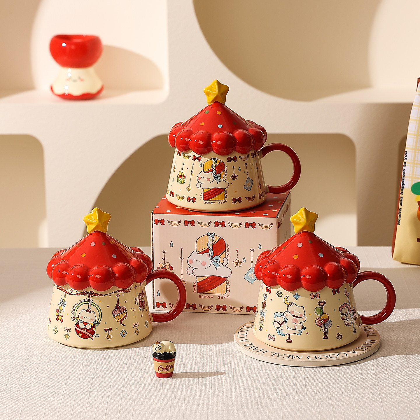 旋转木马杯子创意马克杯带盖陶瓷水杯女生高颜值家用咖啡杯早餐杯