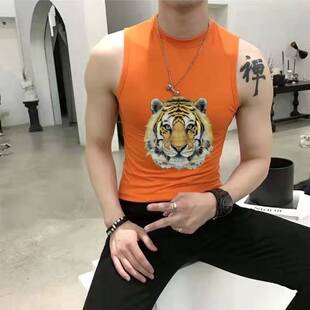 虎头男士背心男夏季紧身弹力汗衫无袖T恤青年霸气纯棉衫打底印花