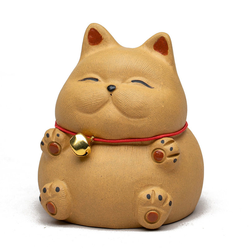 紫砂茶宠猫小摆件创意手工茶道招财猫茶具配件铃铛装饰陶瓷茶宠厂