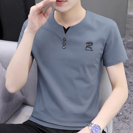 男装2026新款短袖t恤男纯棉上衣服v领简约百搭青年半截袖汗衫体恤