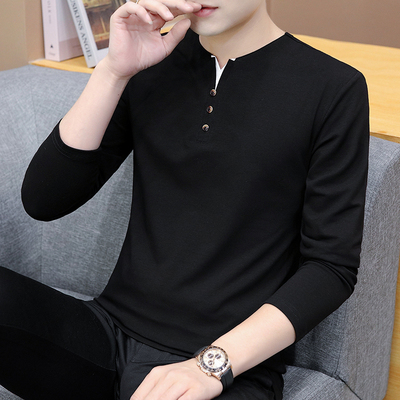 男士长袖t恤纯棉v领潮流秋衣
